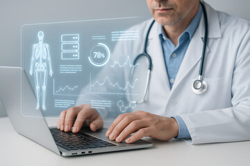Doctor using advanced transparent display showing medical data analytics and human skeleton scan for futuristic diagnosis and smart healthcare technology monitoring system
