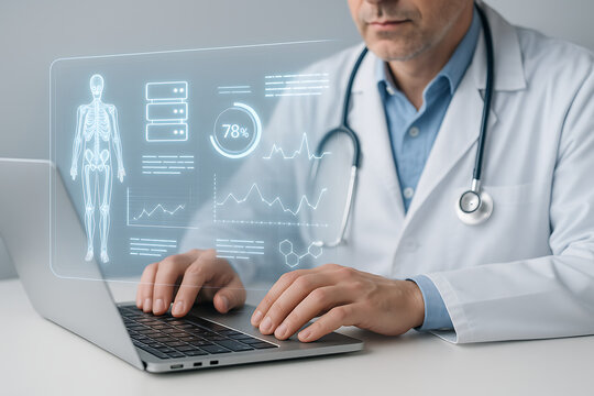 Doctor using advanced transparent display showing medical data analytics and human skeleton scan for futuristic diagnosis and smart healthcare technology monitoring system