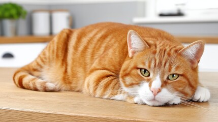 Relaxed orange tabby cat lying on wooden surface in a cozy home setting