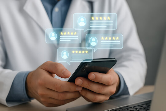 Doctor holding smartphone with floating customer review icons in futuristic digital feedback interface for healthcare service quality evaluation and reputation management