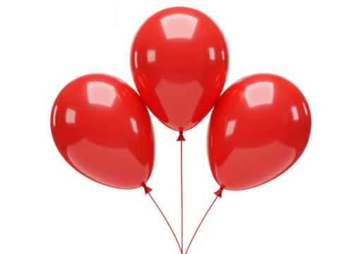 Three bright red shiny balloons tied with strings, floating together and isolated on a stark transparent background for celebration