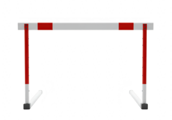 A red and white athletic hurdle isolated on transparent background, symbolizing competition and athletic challenges