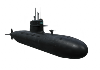 A dark military submarine isolated on transparent background, representing underwater power and naval technology