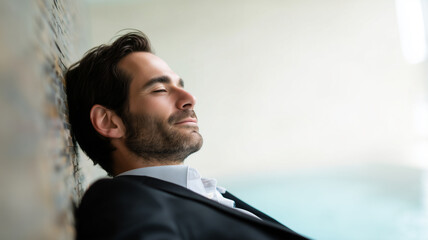 Businessman relaxation spa wellness leisure suit indoor peaceful male adult serene luxury happiness stress relief professional