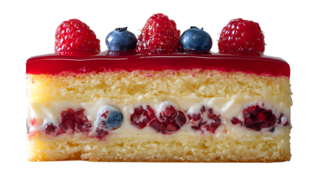 A rectangular slice of a layered cake featuring moist yellow sponge cake, creamy white filling, and a top layer of shiny red glaze adorned with fresh red raspberries and a few blueberries.