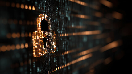 Digital padlock icon glowing on encrypted data stream, cybersecurity breach attempt, secure network protection