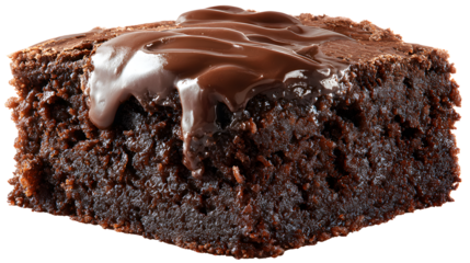 A piece of chocolate cake with chocolate drizzle on top. The cake is cut in half and placed on a white background