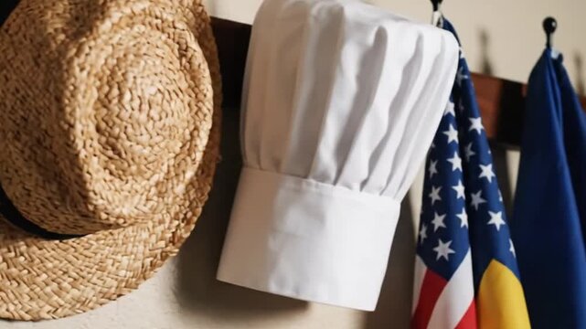 A straw hat and a chef's toque hang alongside flags, suggesting culinary arts and national pride.
