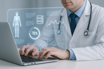 Medical expert using transparent digital screen with 3D skeleton analysis and performance chart for futuristic healthcare technology and patient data visualization system