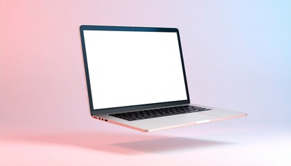 Sleek Silver Laptop with Blank White Screen Floating on Abstract Gradient Background for Mockup Display