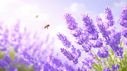 Fototapeta premium Tall purple lavender stalks sway under golden sunligh