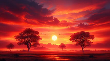 Obraz premium The rising sun bathes the horizon in orange and red c