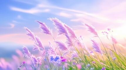 Obraz premium Tiny purple reed flowers blooming gently across a sun