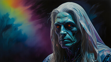 Mystical ancient sorcerer with glowing red eyes and long white hair, a powerful otherworldly being against a cosmic nebula.
