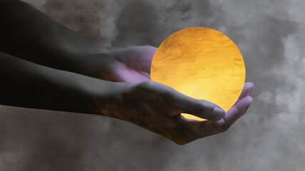 Hands abstract paper collage art passing globe creative surreal emotional textured yellow sphere dark background
