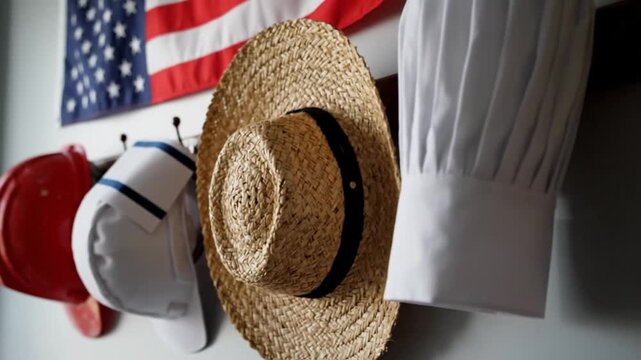 A collection of hats representing various professions hangs on a wall next to an American flag, symbolizing diverse careers.