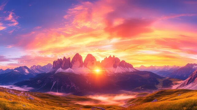 Vibrant sunrise colors ert over the Dolomites in su