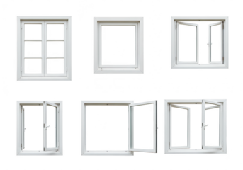Collection of various white window frames isolated on transparent background, showcasing different styles and opening mechanisms for architectural design