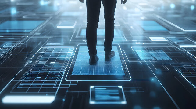 A person stands on a glowing blue data interface, part of a vast digital floor grid with abstract lines and floating screens, stepping into a virtual world
