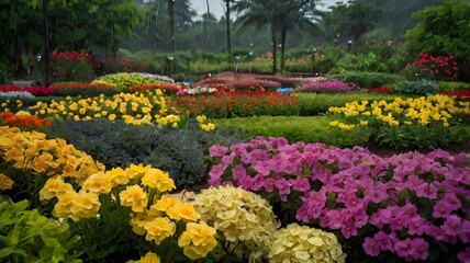 Blooming flower garden glistening in the rainy season, with vibrant petals, fresh greenery, and sparkling raindrops creating a serene, refreshing nature retreat
