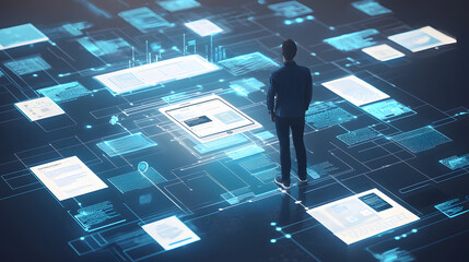 A person stands on a light, glowing digital floor with interconnected lines and floating holographic interfaces, navigating a futuristic, ethereal space