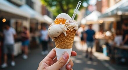 Ice Cream Cone with Caramel Sauce in Hand at Outdoor Summer Market