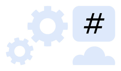 Gears, metadata tag, and cloud icon symbolize automation, cloud computing, hashtag usage, and digital processes. Ideal for technology, innovation, communication workflow social media and a simple