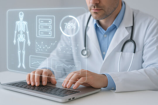 Doctor using futuristic medical data interface with digital skeleton and health analytics on transparent display for advanced patient diagnosis and treatment technology solution - Powered by Adobe
