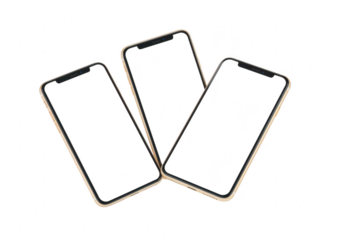 Three smartphones with blank screens isolated on transparent background