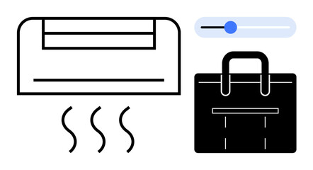 Air conditioner with flowing air, slider control, and a business bag. Ideal for summer cooling, workplace comfort, business essentials, travel preparation, technology use, mobility and convenience