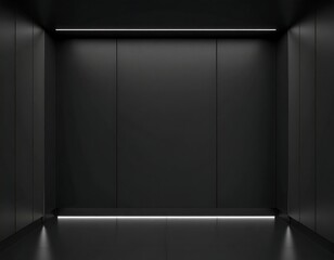 Dark, minimalist room with sleek, black walls and subtle, linear lighting