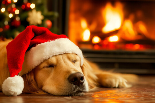 Golden retriever dog in santa claus hat near fireplace in room, christmas atmosphere - Powered by Adobe