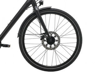 Closeup of a modern bicycle wheel with disc brake and spokes, isolated on transparent background