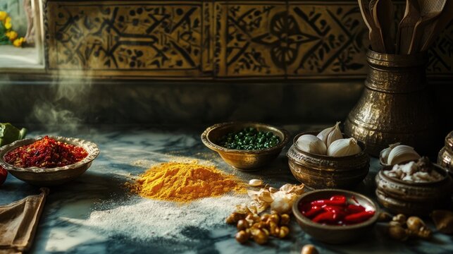 Ingredients for bhagar artfully arranged on a kitchen countertop