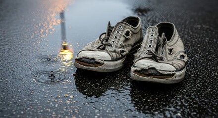 Weathered Soles: Tattered Sneakers on Wet Pavement with Raindrop Ripples
