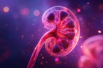 3D rendering of a single kidney in rich crimson and fuchsia tones, semi-transparent to reveal detailed inner anatomy.