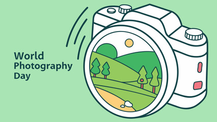 World Photography Day: Camera Lens Showing Scenic Landscape Illustration
