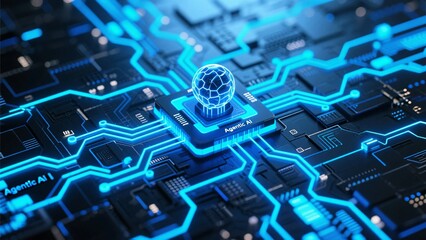 Futuristic motherboard design with Agentic AI core and cyber globe interface