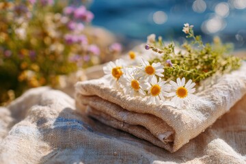 Beautifully arranged bouquet of wildflowers on a soft linen fabric, capturing the essence of a serene outdoor setting with a sparkling water background and warm sunlight.