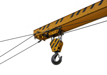 Yellow and black crane hook with cables isolated on transparent background, part of heavy industrial lifting equipment