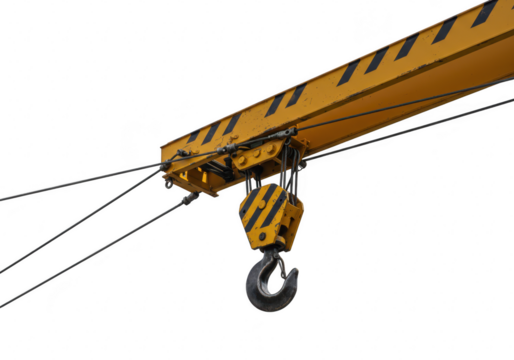 Yellow and black crane hook with cables isolated on transparent background, part of heavy industrial lifting equipment