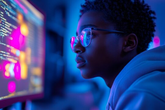 Side profile of a black school student studying IT at a computer, learning digital code online with a focus on AI, cybersecurity threats, and ethical hacking, engaging with advanced, Generative AI - Powered by Adobe