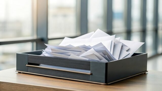Overloaded inbox tray with papers spilling out — corporate overwhelm concept
