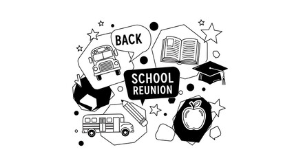 Black and white school reunion themed graphic with school bus book graduation cap and apple vector
