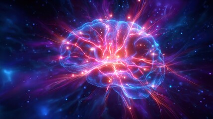 Fototapeta premium 3D abstract illustration of a glowing human brain with radiant lines in shades of electric.