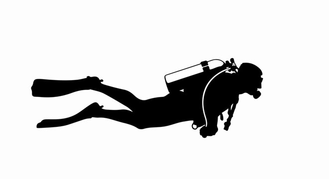 Monochrome silhouette of a scuba diver in a horizontal swimming pose with full equipment.