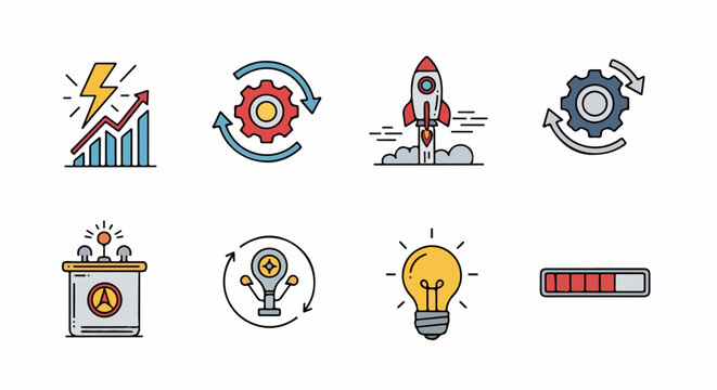 Set of colorful line art icons representing business growth, startup launch, innovation, and workflow automation.