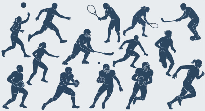 Set of stylized blue silhouettes showing male and female athletes in various dynamic sporting action poses. - Powered by Adobe