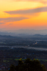 Vertical Horizon Sunset mountain range beautiful landscape mist foggy sunrise beam. Golden sky Mountain landscape mountain. Vertical Amazing Landscape cloud sky on sunrise. Gold sunlight heaven scene