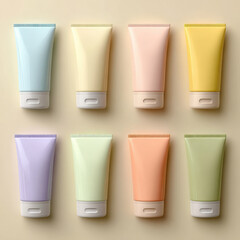 Colorful cosmetic tubes arranged in grid, showcasing various pastel shades. Each tube features flip top cap, ideal for facial cleansers or skincare products, evoking sense of freshness and beauty